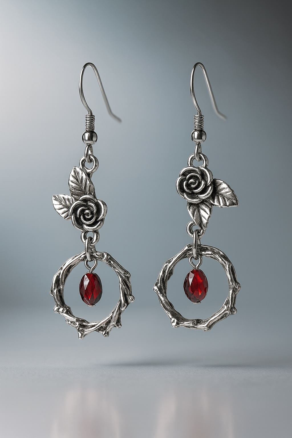 Gothic Rose Drop Earrings with Red Crystal – 925 Sterling Silver Nature-Inspired Jewelry