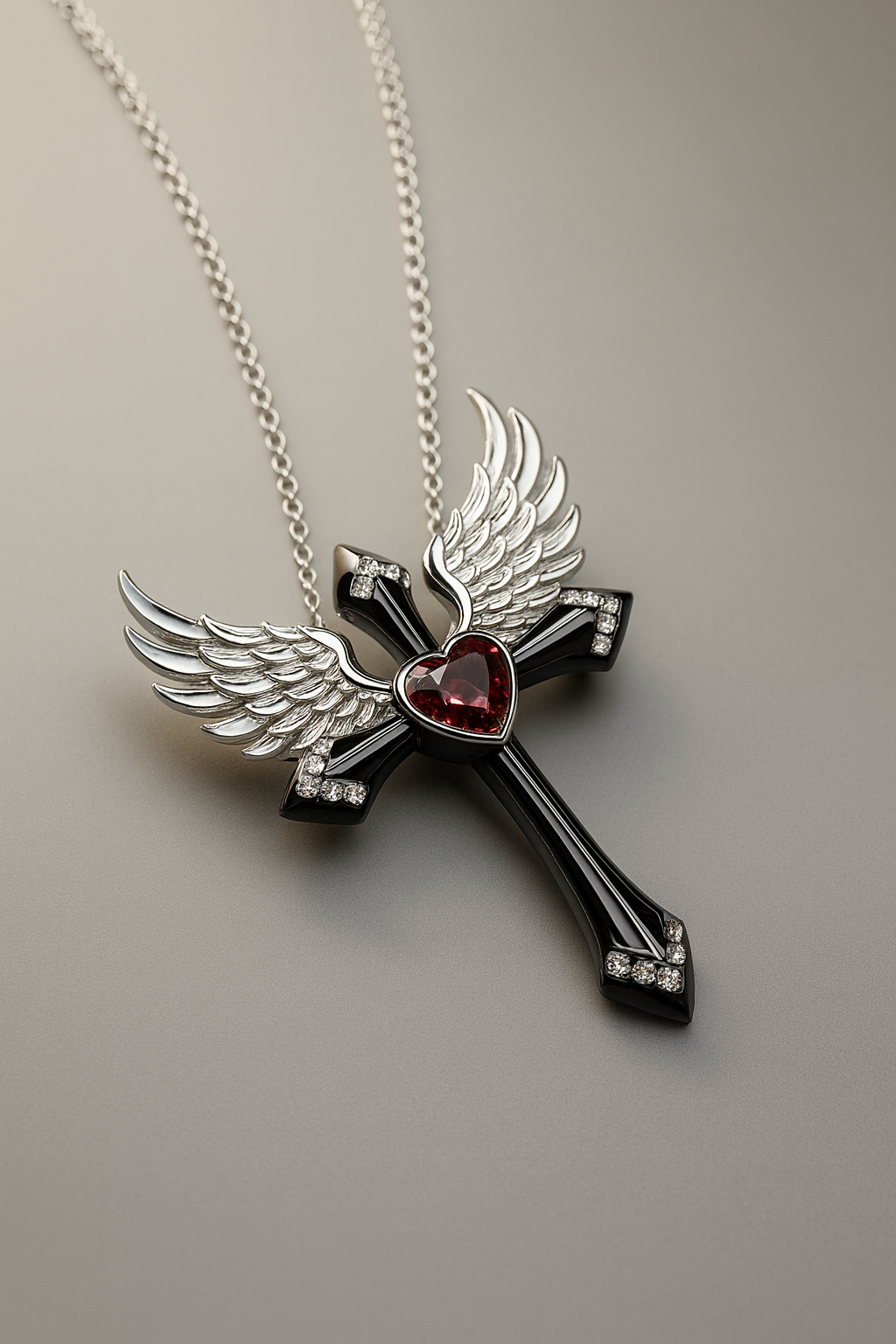 Winged Cross Pendant Necklace with Red Heart Gem – 925 Sterling Silver Gothic Fantasy Jewelry