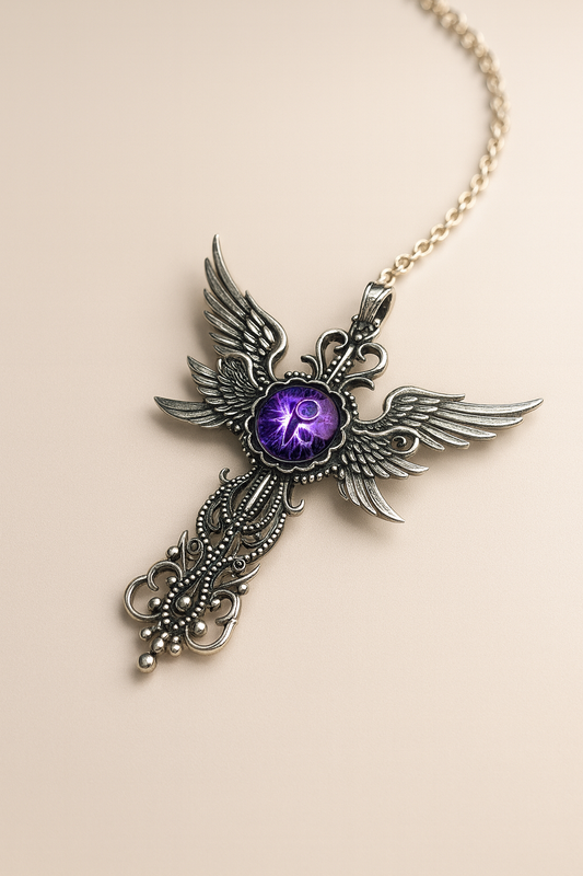 Arcane Winged Cross Pendant Necklace with Purple Energy Gem – 925 Sterling Silver Gothic Amulet