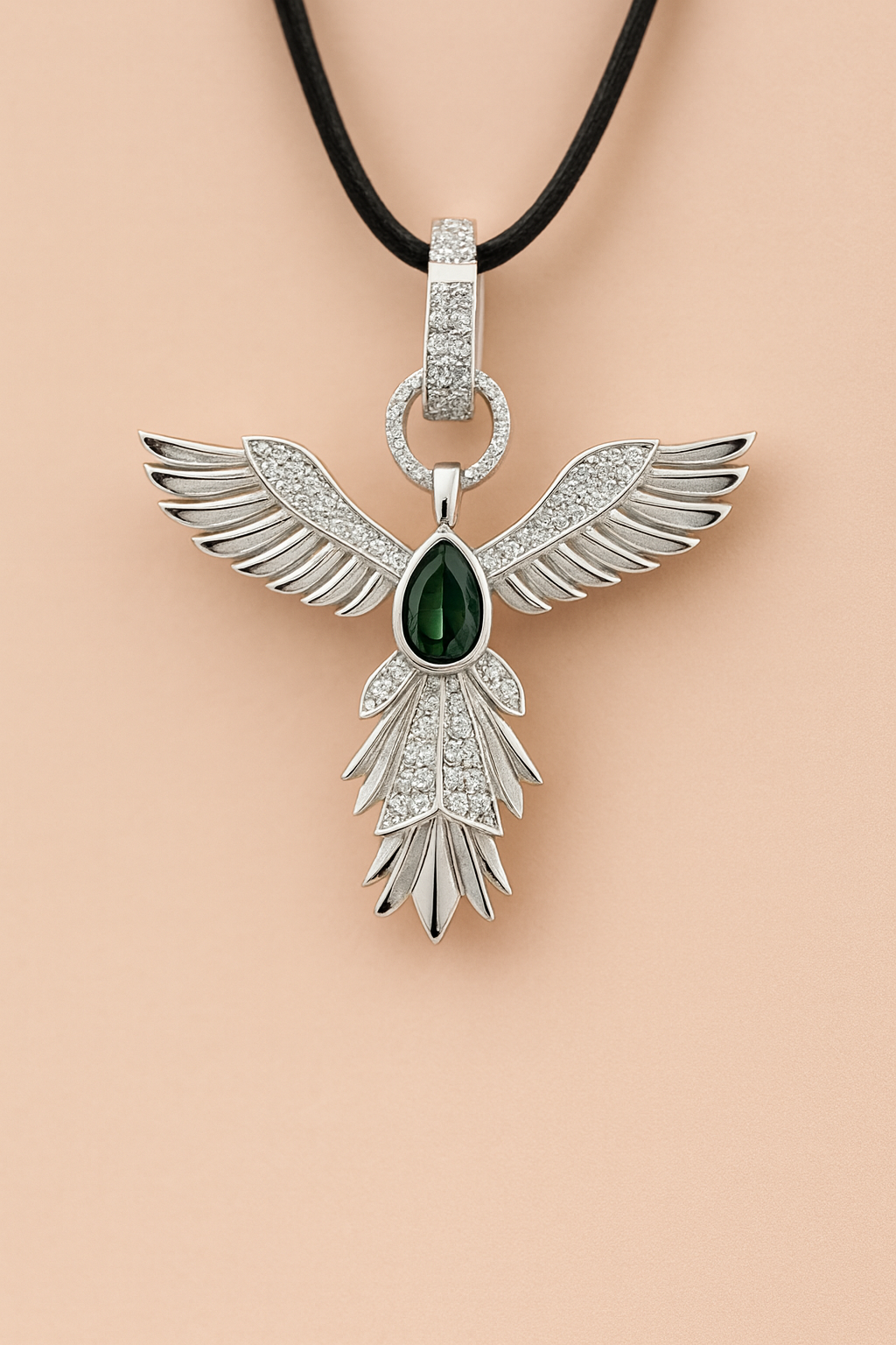 Celestial Wing Pendant with Green Gemstone – 925 Sterling Silver Angel-Inspired Necklace