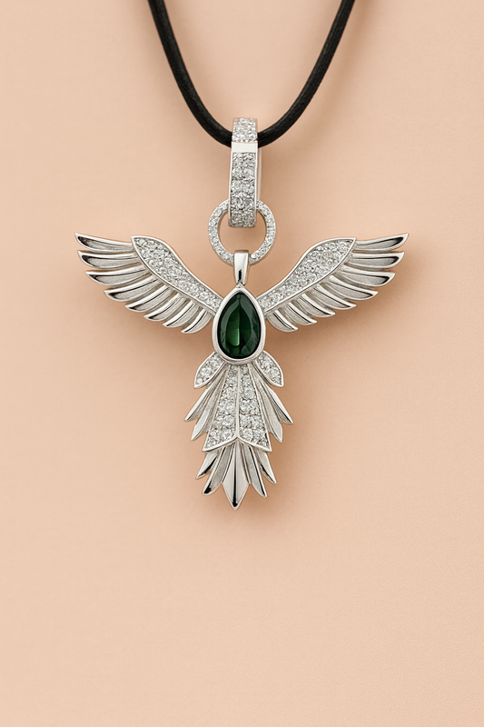 Celestial Wing Pendant with Green Gemstone – 925 Sterling Silver Angel-Inspired Necklace