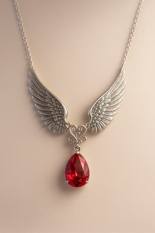 Celestial Winged Necklace with Red Teardrop Gem – 925 Sterling Silver Divine Elegance
