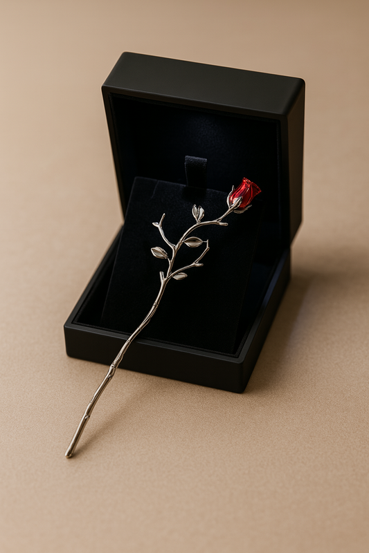 Eternal Red Rose Long Stem Ornament – 925 Sterling Silver Romantic Keepsake