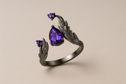 Feathered Amethyst Ring – Gothic Leaf Design in 925 Sterling Silver