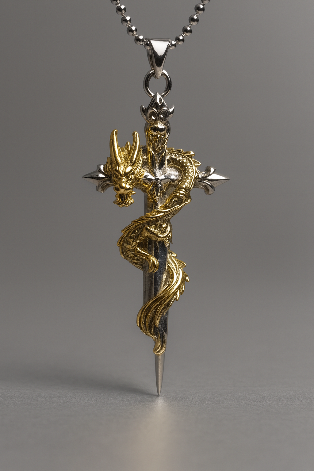 Golden Dragon Sword Cross Pendant Necklace – Dual Tone Gothic Fantasy (Unisex)