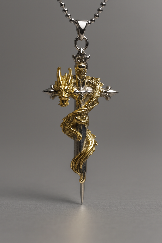 Golden Dragon Sword Cross Pendant Necklace – Dual Tone Gothic Fantasy (Unisex)