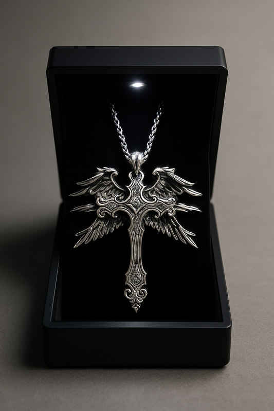 Gothic Angel Wing Cross Pendant Necklace – Antique Silver Finish (Unisex)