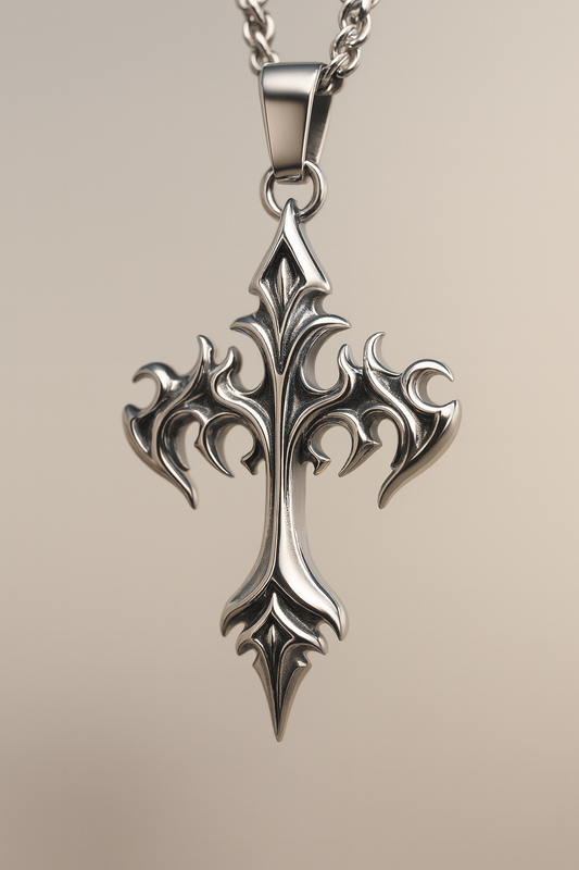 Gothic Flame Cross Pendant Necklace – 925 Sterling Silver Finish (Unisex)