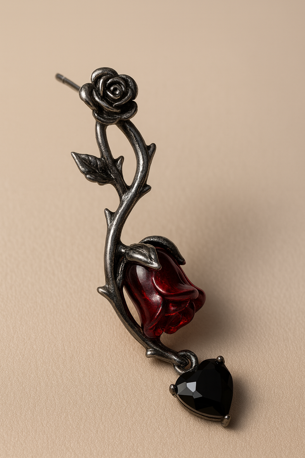 Gothic Red Rose & Black Heart Earring – 925 Sterling Silver Romantic Single Stud