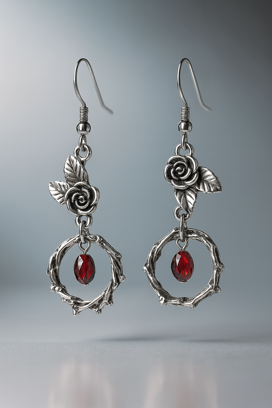 Gothic Rose Drop Earrings with Red Crystal – 925 Sterling Silver Nature-Inspired Jewelry