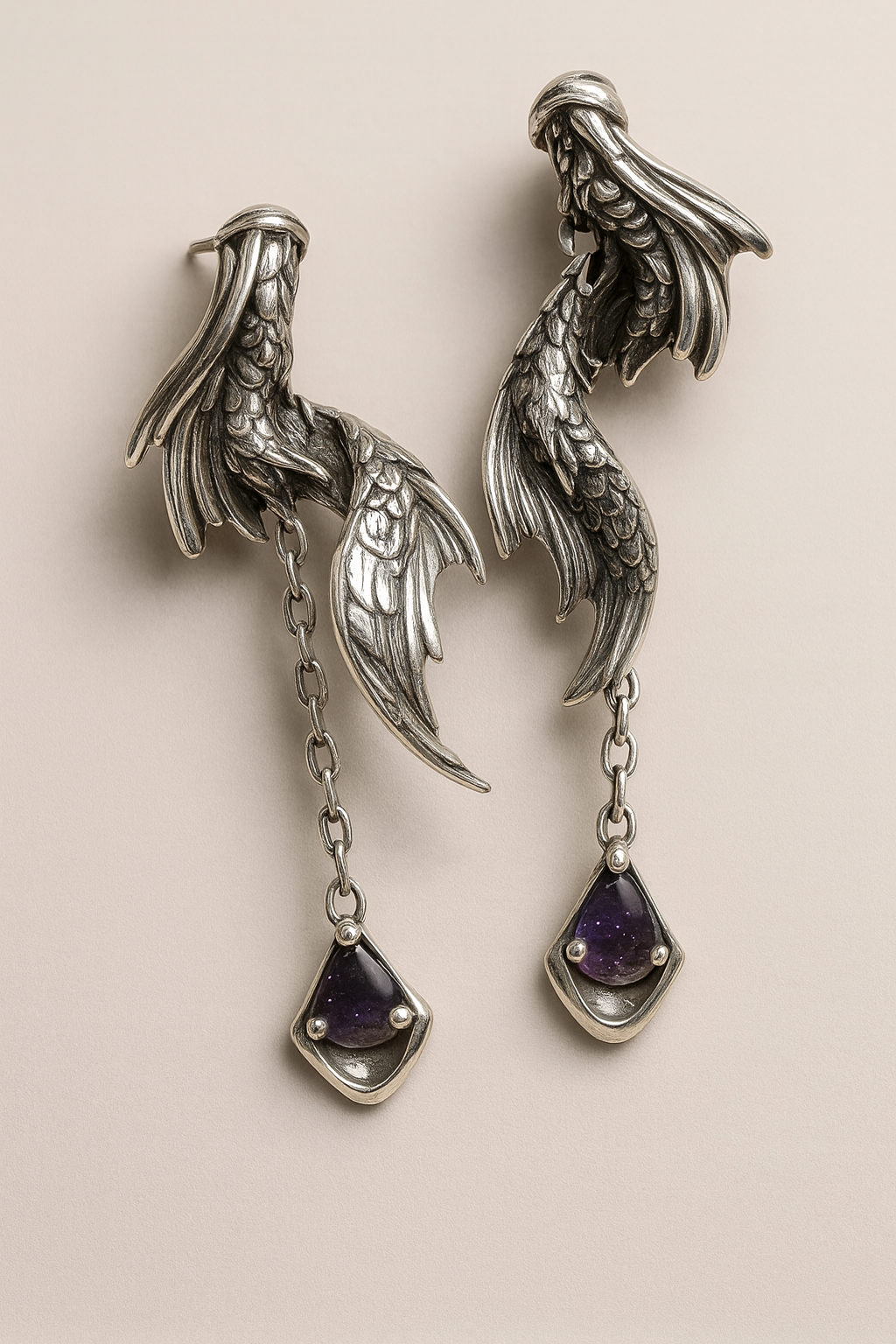 Mermaid Tail Drop Earrings with Amethyst Gem – 925 Sterling Silver Fantasy Jewelry