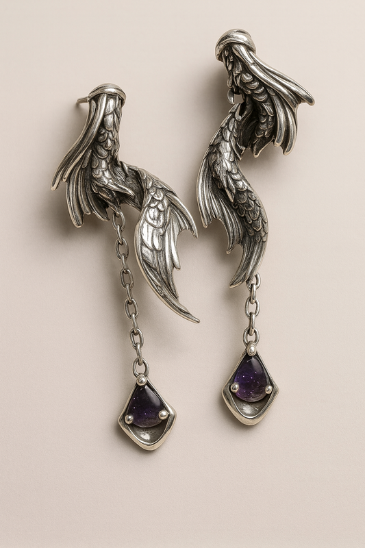 Mermaid Tail Drop Earrings with Amethyst Gem – 925 Sterling Silver Fantasy Jewelry