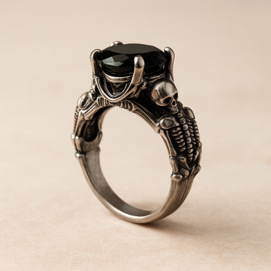 Skeleton Guardian Ring with Black Onyx – 925 Sterling Silver Gothic Statement Piece
