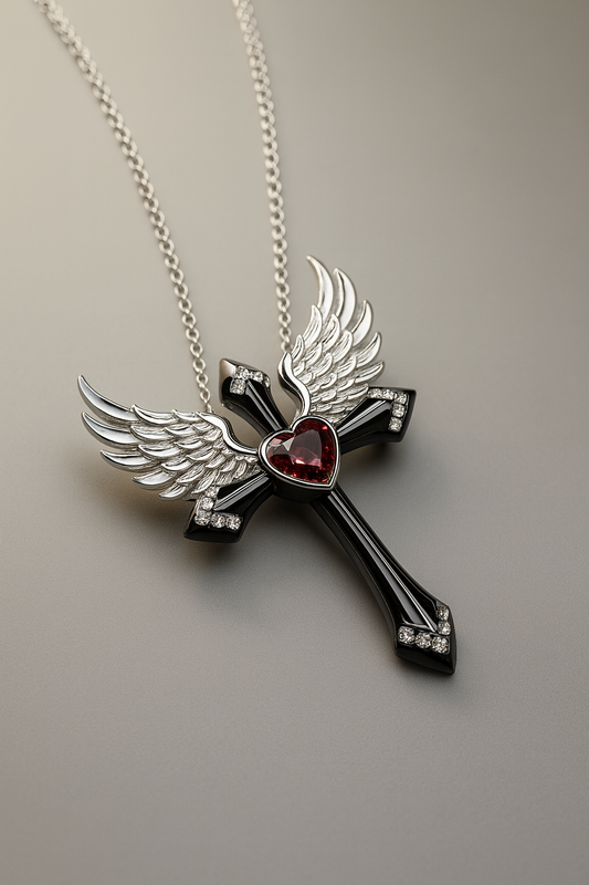 Winged Cross Pendant Necklace with Red Heart Gem – 925 Sterling Silver Gothic Fantasy Jewelry