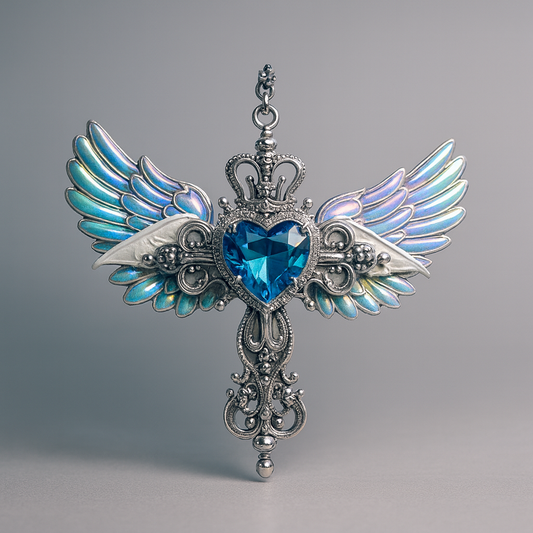 Winged Blue Heart Gothic Pendant Necklace